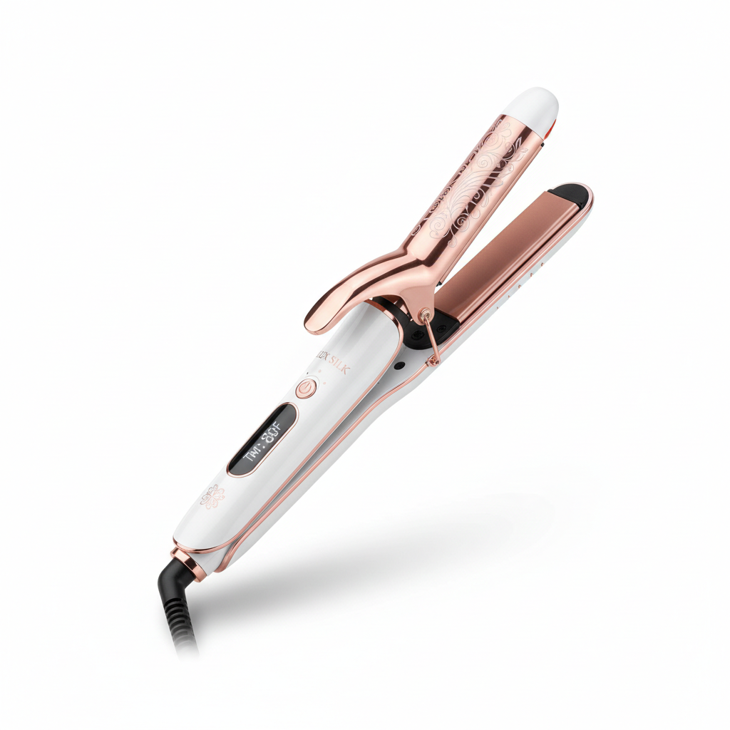 Machine à boucle et lissage rose gold sur fond blanc
